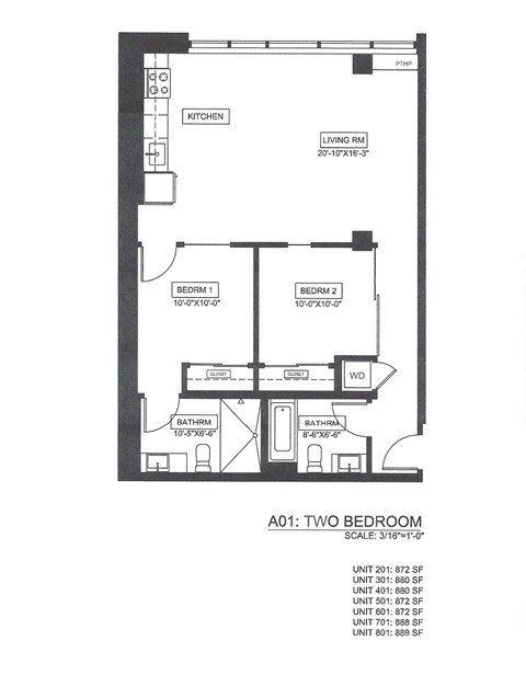 Floor plan for 2 beds, 2 baths, 888 sqft